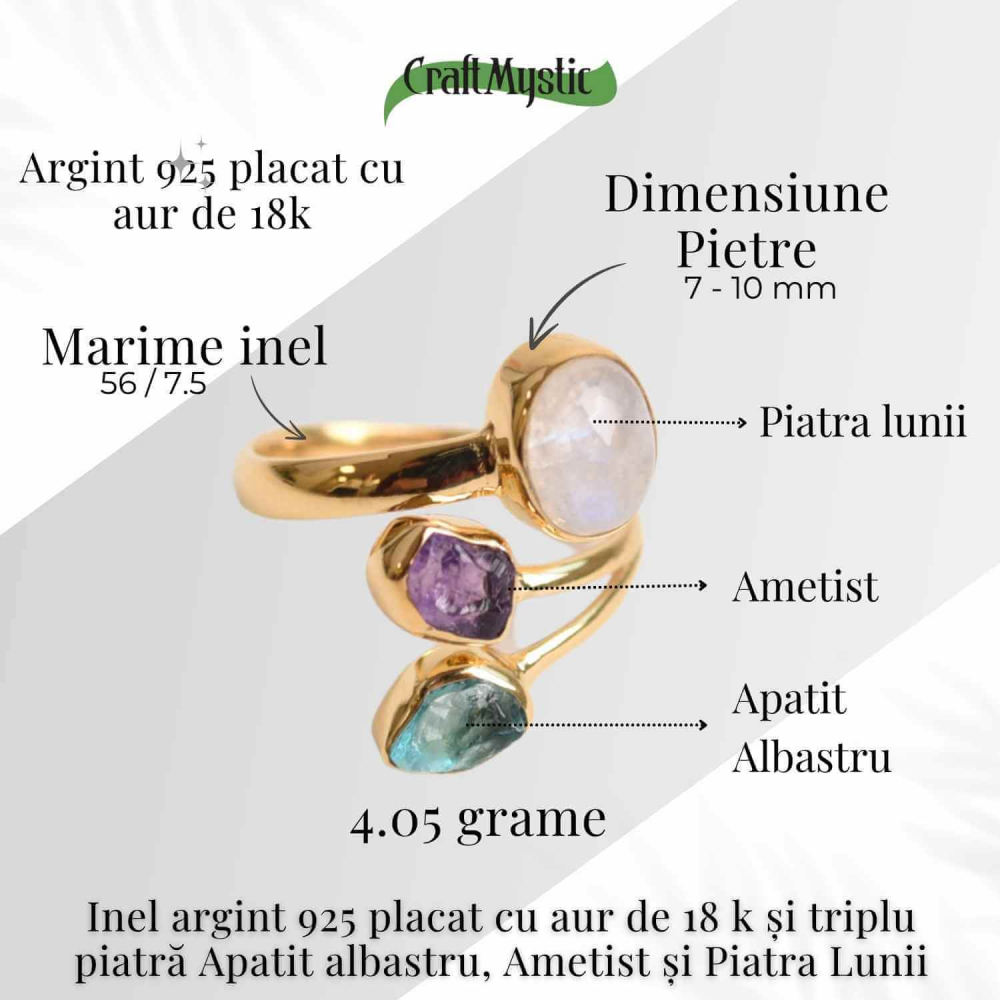 Inel din Argint 925 placat cu Aur de 18K cu Piatra Lunii, Ametist si Apatit Albastru 4.05 gr, M56 / 7.5– Intuitie, Liniste Interioara si Claritate Mentala [4]