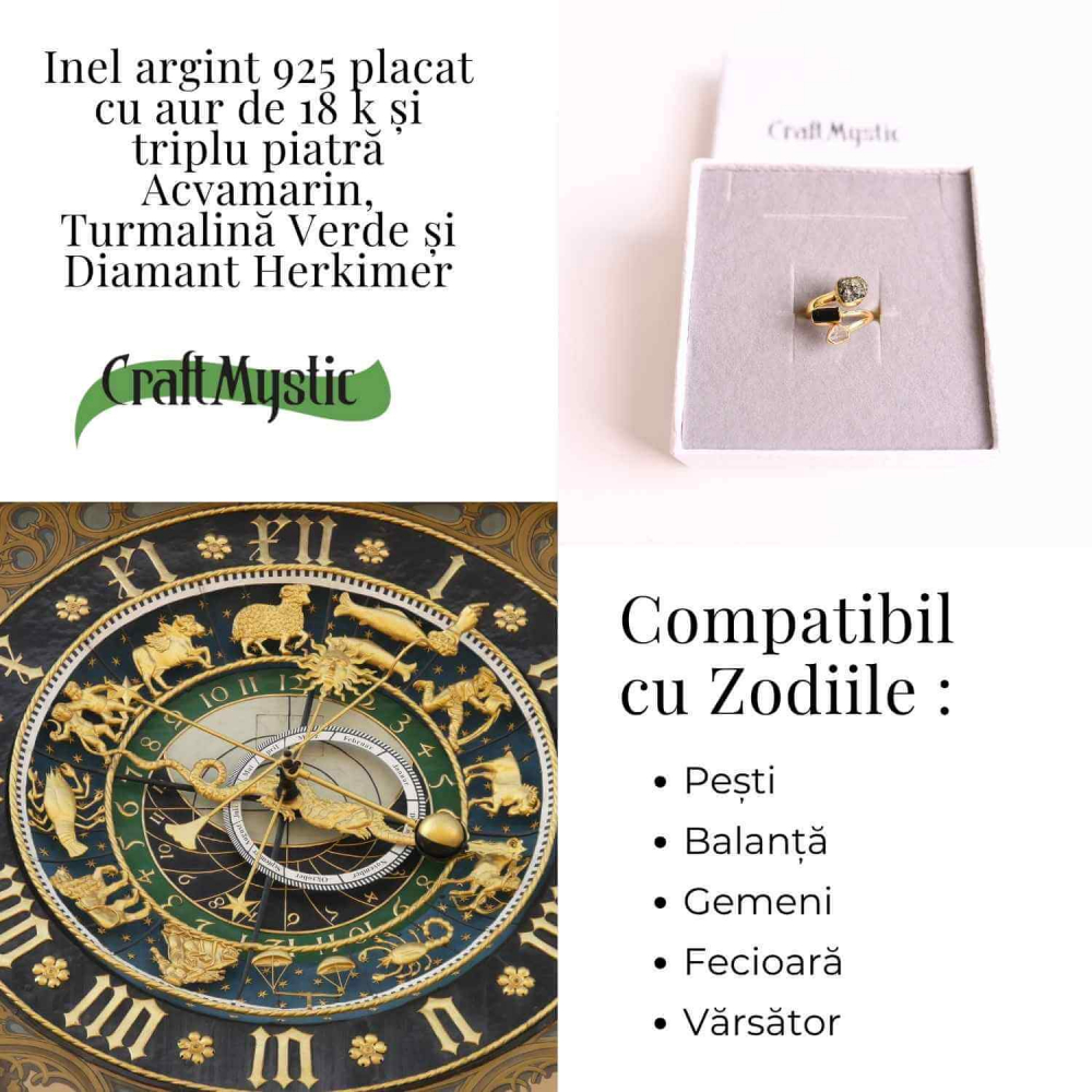 Inel din Argint 925 placat cu Aur de 18K cu Acvamarin, Diamant Herkimer si Turmalina Verde 3.92 gr M55 / 7– Claritate, Vitalitate si Protectie Energetica [4]
