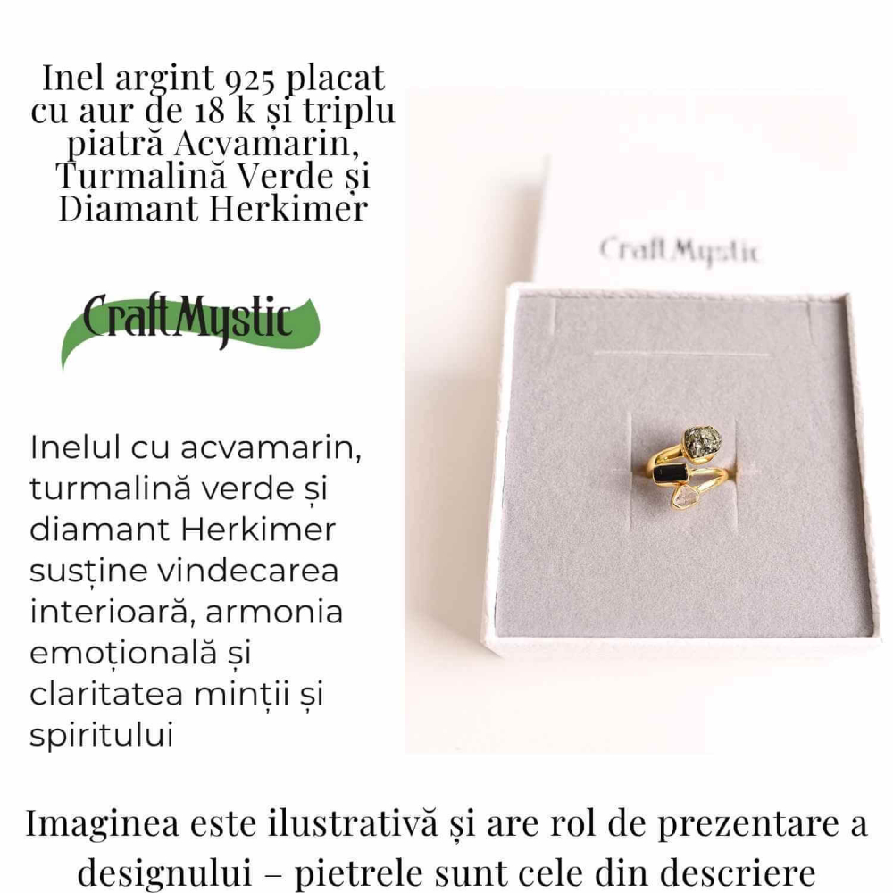 Inel din Argint 925 placat cu Aur de 18K cu Acvamarin, Diamant Herkimer si Turmalina Verde 3.92 gr M55 / 7– Claritate, Vitalitate si Protectie Energetica [3]