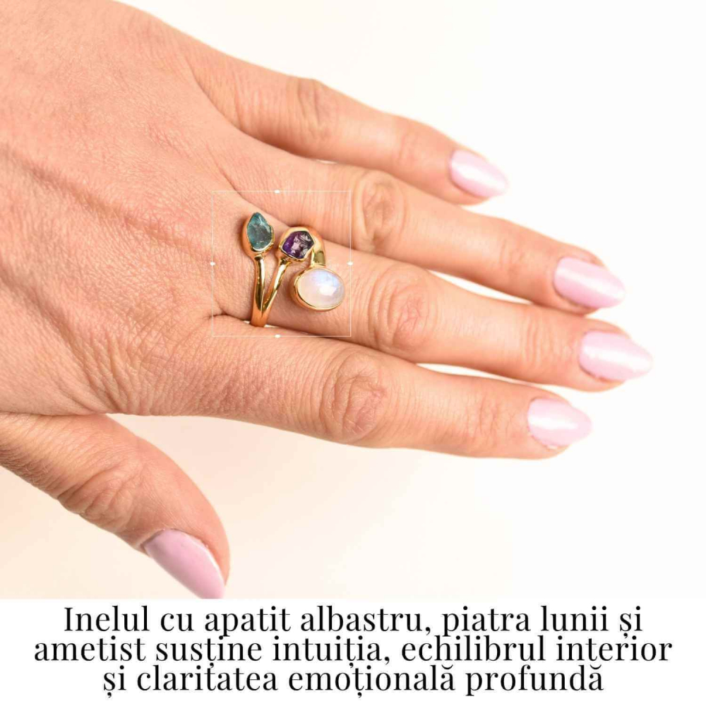 Inel din Argint 925 placat cu Aur de 18K cu Piatra Lunii, Ametist si Apatit Albastru 4.05 gr, M56 / 7.5– Intuitie, Liniste Interioara si Claritate Mentala [2]