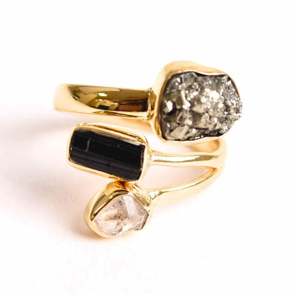 Inel din Argint 925 placat cu Aur de 18K cu Pirita, Turmalina Neagra si Diamant Herkimer 4.35gr , M52   6 ,   Protectie, Claritate si Forta Interioara