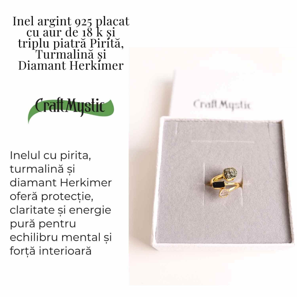 Inel din Argint 925 placat cu Aur de 18K cu Pirita, Turmalina Neagra si Diamant Herkimer 4.35gr , M52 / 6 – Protectie, Claritate și Forta Interioara [4]