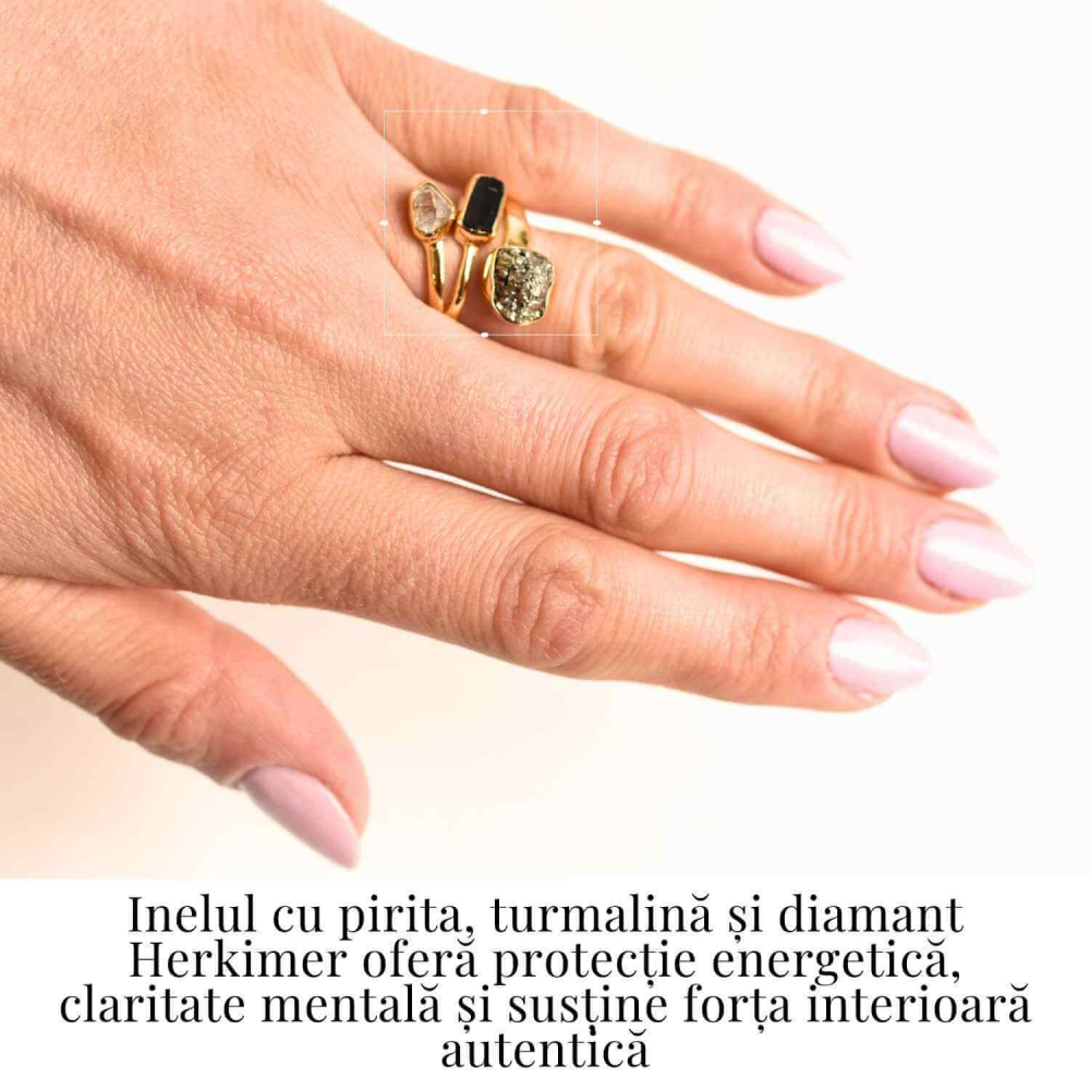 Inel din Argint 925 placat cu Aur de 18K cu Pirita, Turmalina Neagra si Diamant Herkimer 4.35gr , M52 / 6 – Protectie, Claritate și Forta Interioara [2]