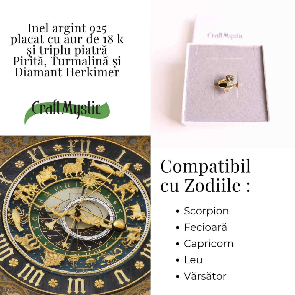 Inel din Argint 925 placat cu Aur de 18K cu Pirita, Turmalina Neagra si Diamant Herkimer 4.35gr , M52 / 6 – Protectie, Claritate și Forta Interioara [3]