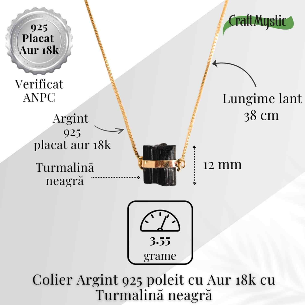 Colier Brut cu Turmalina din Argint 925 Placat cu Aur 18K – Protectie Energetica si Echilibru Emotional [5]