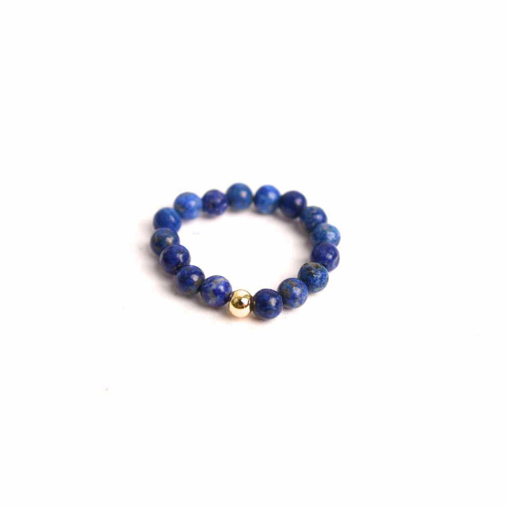 Inel elastic cu biluta aurie si margele 4 mm din pietre naturale Lapis Lazuli