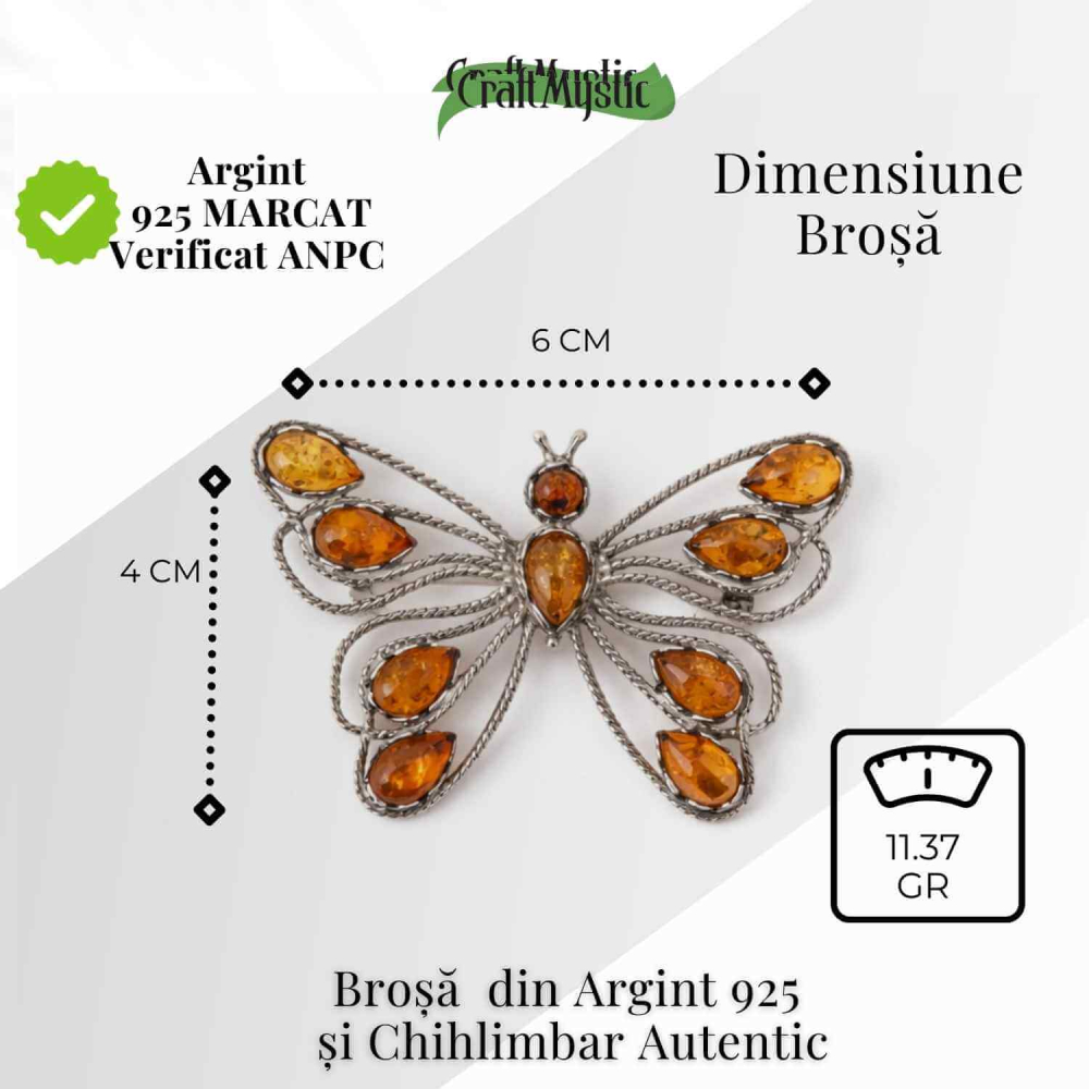 Brosa din chihlimbar forma de fluture si argint 925 — adauga caldura si rafinament tinutei tale [3]