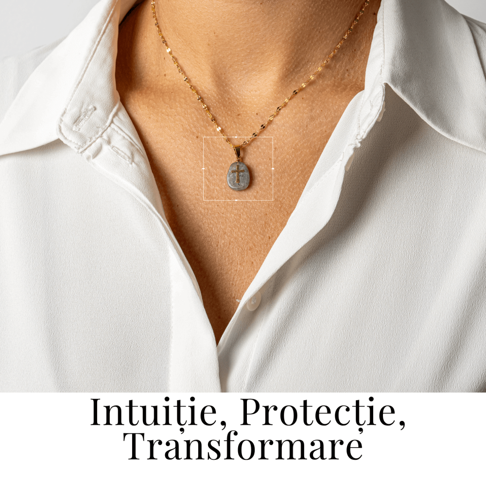 Colier Otel Inoxidabil Auriu cu Labradorit si Cruce – Protectie Divina si Lumina Interioara [2]