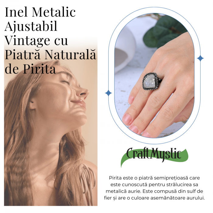 Inel Vintage Ajustabil cu Piatra de Pirita pentru Succes [6]