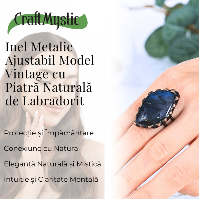 Inel vintage ajustabil cu Labradorit natural forma neregulata, pentru protectie si intuitie [3]