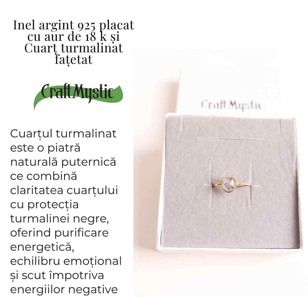 Inel cu Cuart Turmalinat Fatetat din Argint 925 placat cu Aur de 18K – Protectie Energetica si Claritate Interioara [3]