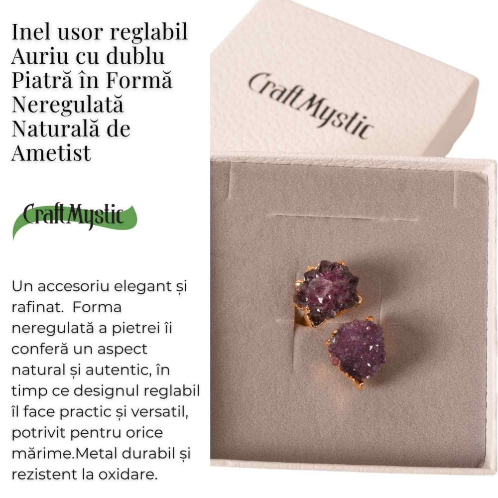 Inel usor Reglabil Auriu cu Dublu Ametist Natural Brut – Claritate Mentals si Echilibru Emotional [3]