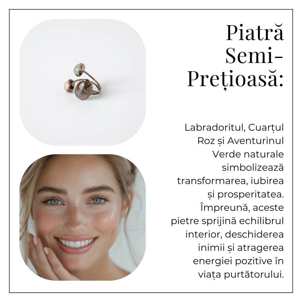 Inel reglabil din cupru cu Labradorit, Cuart Roz si Aventurin Verde natural – Armonie, iubire si prosperitate [6]