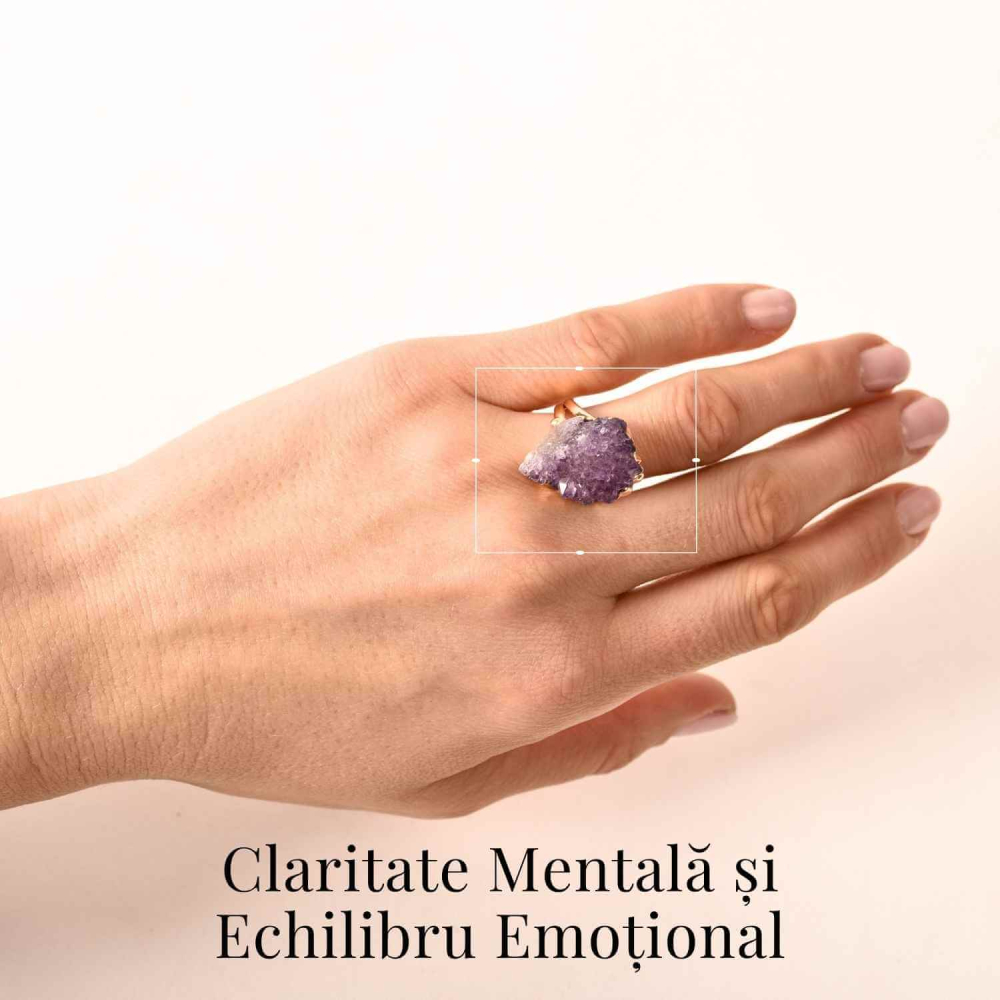 Inel usor Reglabil Auriu cu Ametist Natural Brut – Claritate Mentala si Protectie Energetica [2]