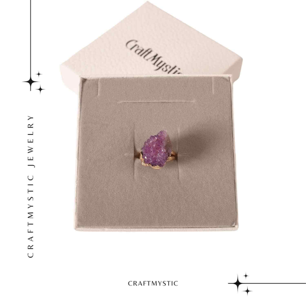 Inel usor Reglabil Auriu cu Ametist Natural Brut – Claritate Mentala si Protectie Energetica [6]