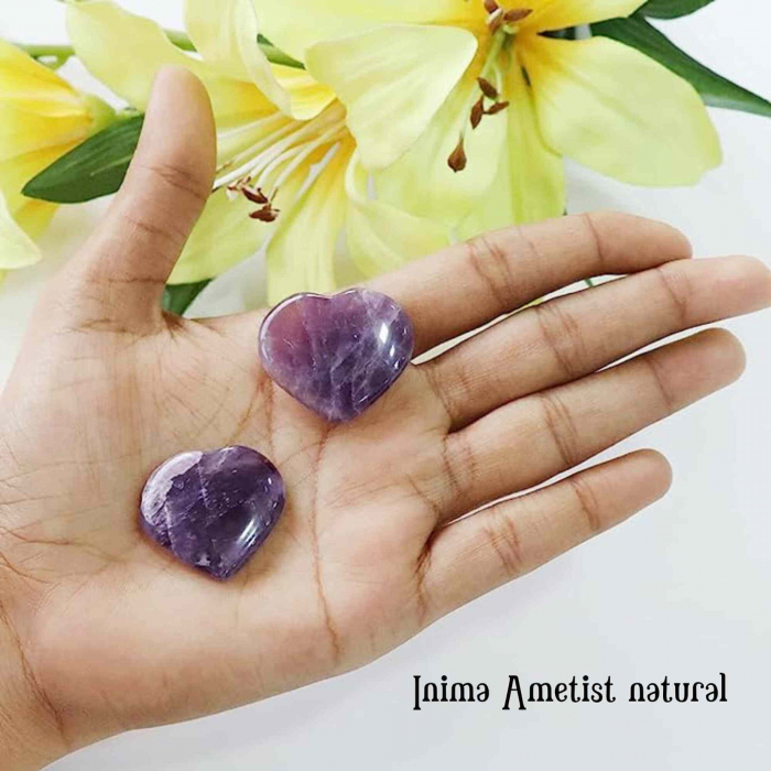 Inimioara din cristal Ametist 3 cm si saculet satin inclus - Terapie, meditatie Reiki, Mini cristale de buzunar [3]