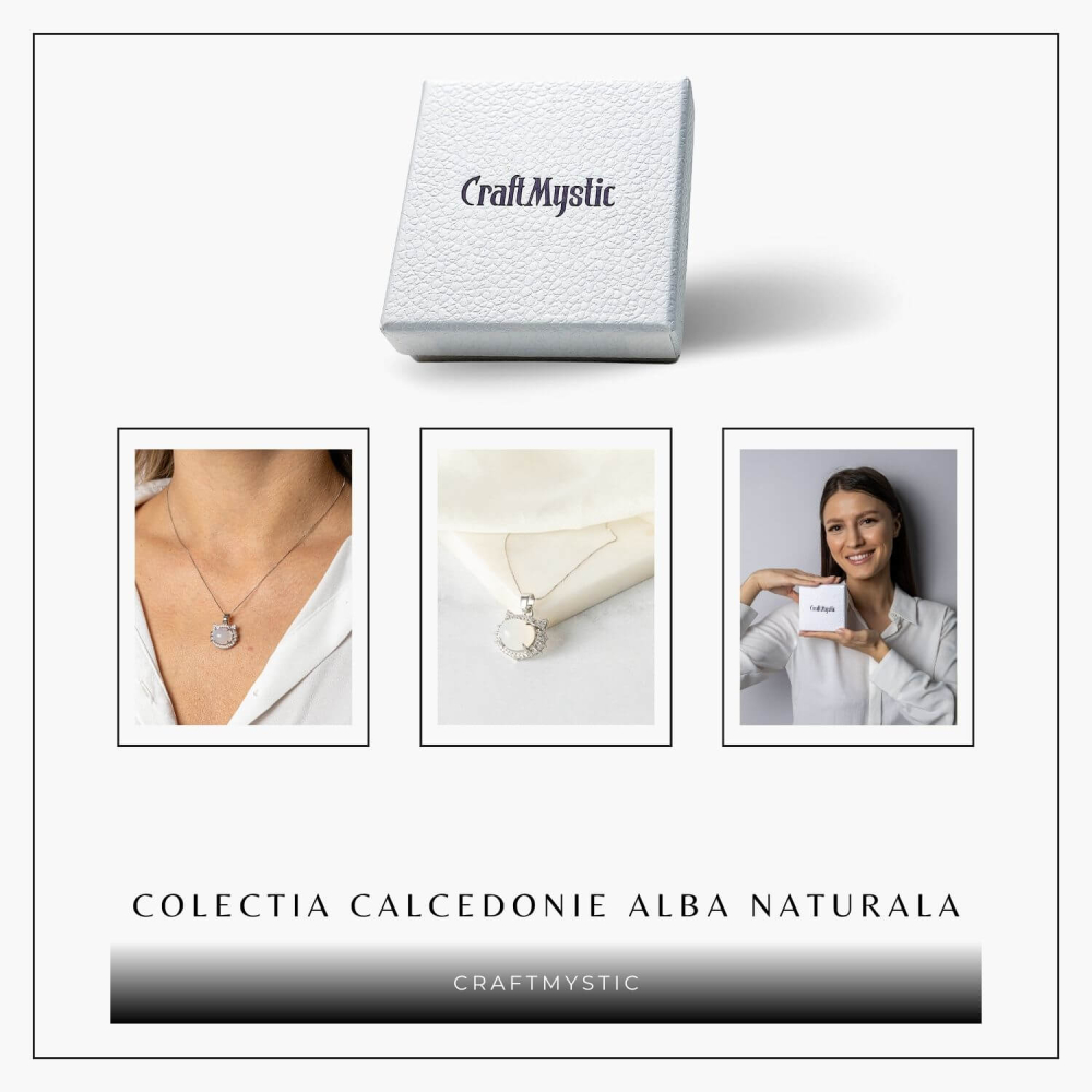 Puritate si Armonie –Colier pisica din calcedonie alba naturala cu lant din argint 925 [8]