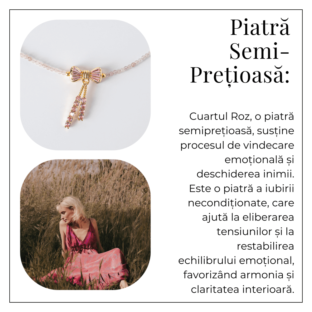 Iubire si Delicatețe – Colier din Cuart Roz Fatetat cu Fundita [6]