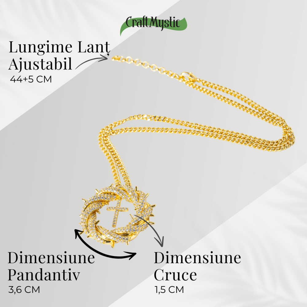 Credinta si Protectie – Colier Cruce cu Zirconiu si Coroana Circulara, Placat Auriu [5]