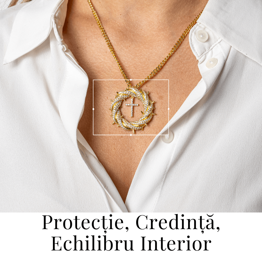 Credinta si Protectie – Colier Cruce cu Zirconiu si Coroana Circulara, Placat Auriu [2]