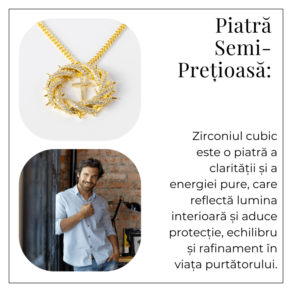 Credinta si Protectie – Colier Cruce cu Zirconiu si Coroana Circulara, Placat Auriu [6]