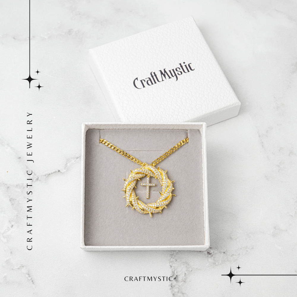 Credinta si Protectie – Colier Cruce cu Zirconiu si Coroana Circulara, Placat Auriu [7]