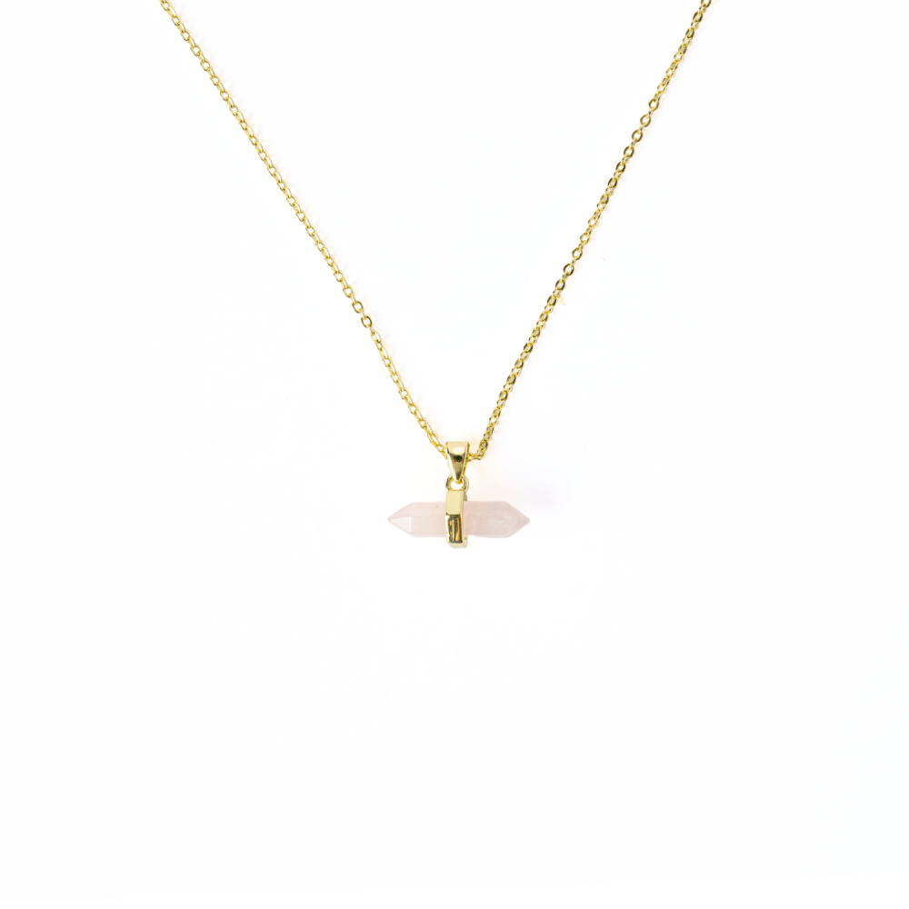 Colier cu Pandantiv Dublu Punct din Cuart Roz si Lant Auriu [9]