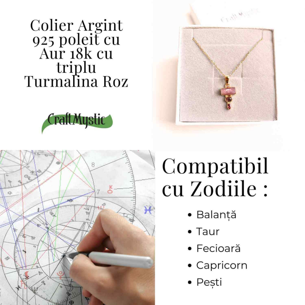 Iubire si Armonie Interioara – Colier inox si pandantiv argint 925 placat cu aur de18k si Triplu Turmalina Roz [4]