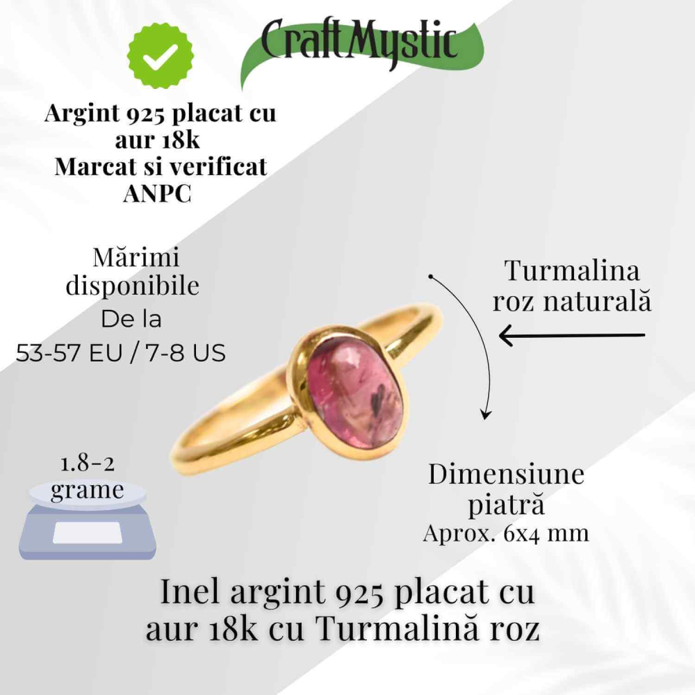 Inel argint 925 placat cu aur 18k cu turmalina roz ovala – piatra iubirii, armoniei si compasiunii [3]