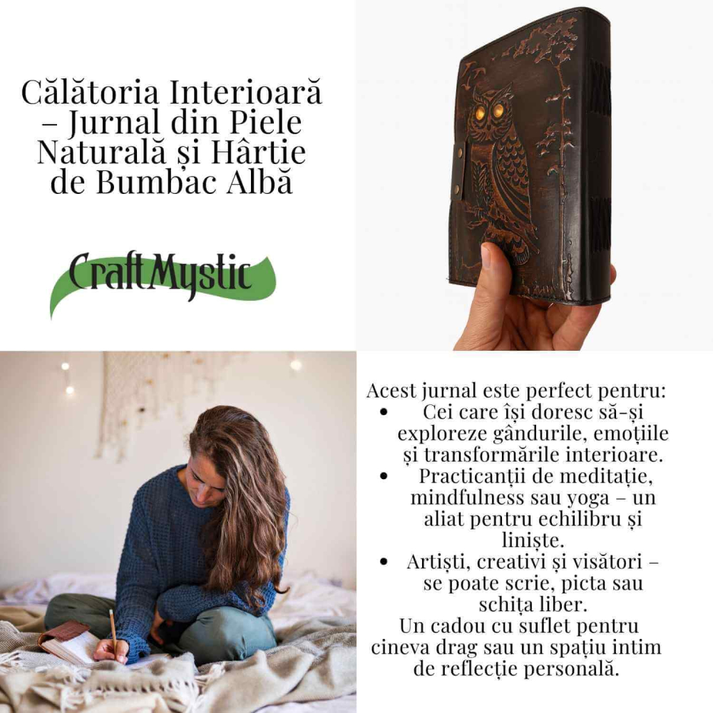 Jurnal Bufnita din Piele Naturala cu Piatra Decorativa si Hartie Bumbac Alba 17x13 cm [5]