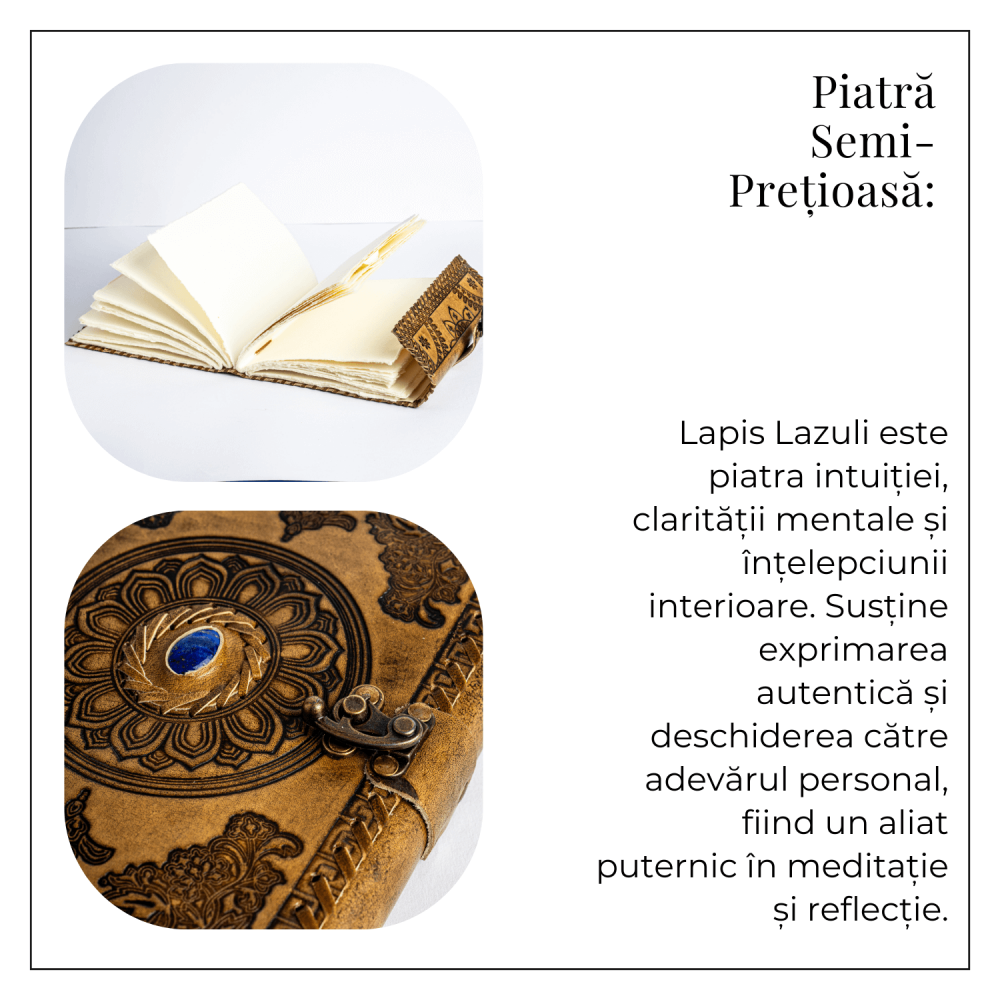 Jurnal din piela naturala autentic cu coperta gravata si piatra naturala Lapis Lazuli si hartie bumbac [7]