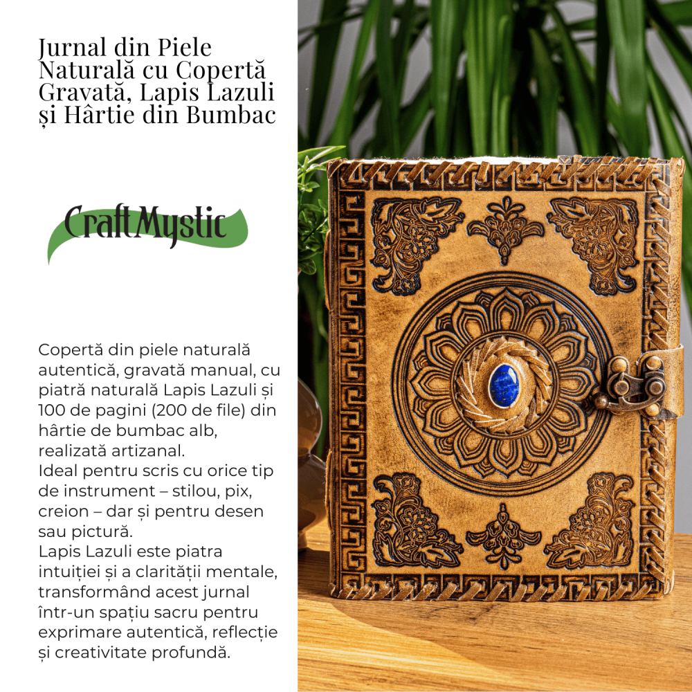 Jurnal din piela naturala autentic cu coperta gravata si piatra naturala Lapis Lazuli si hartie bumbac galbena [4]