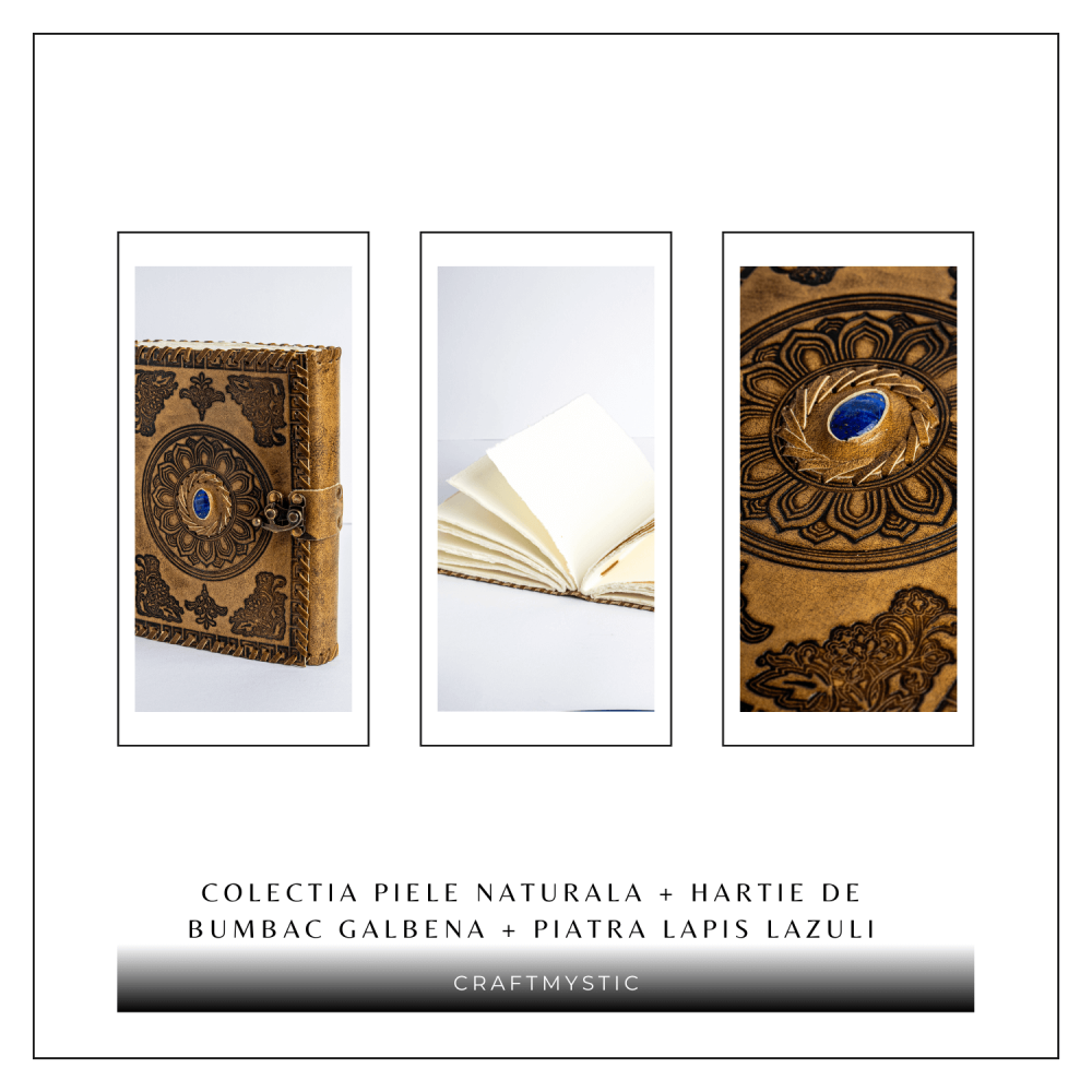 Jurnal din piela naturala autentic cu coperta gravata si piatra naturala Lapis Lazuli si hartie bumbac [8]
