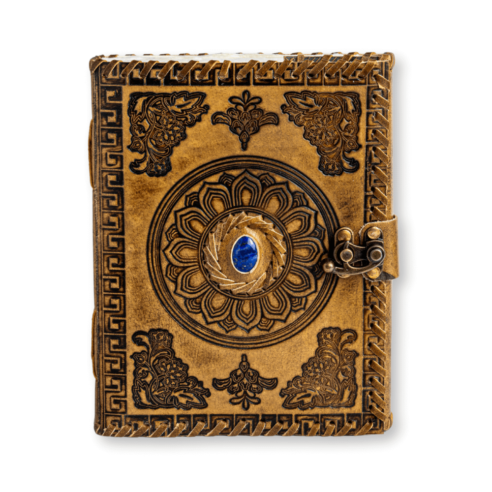 Jurnal din piela naturala autentic cu coperta gravata si piatra naturala Lapis Lazuli si hartie bumbac
