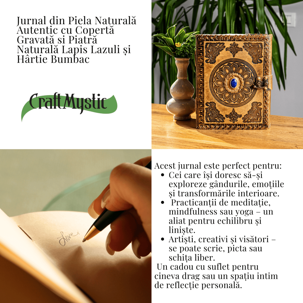 Jurnal din piela naturala autentic cu coperta gravata si piatra naturala Lapis Lazuli si hartie bumbac [5]