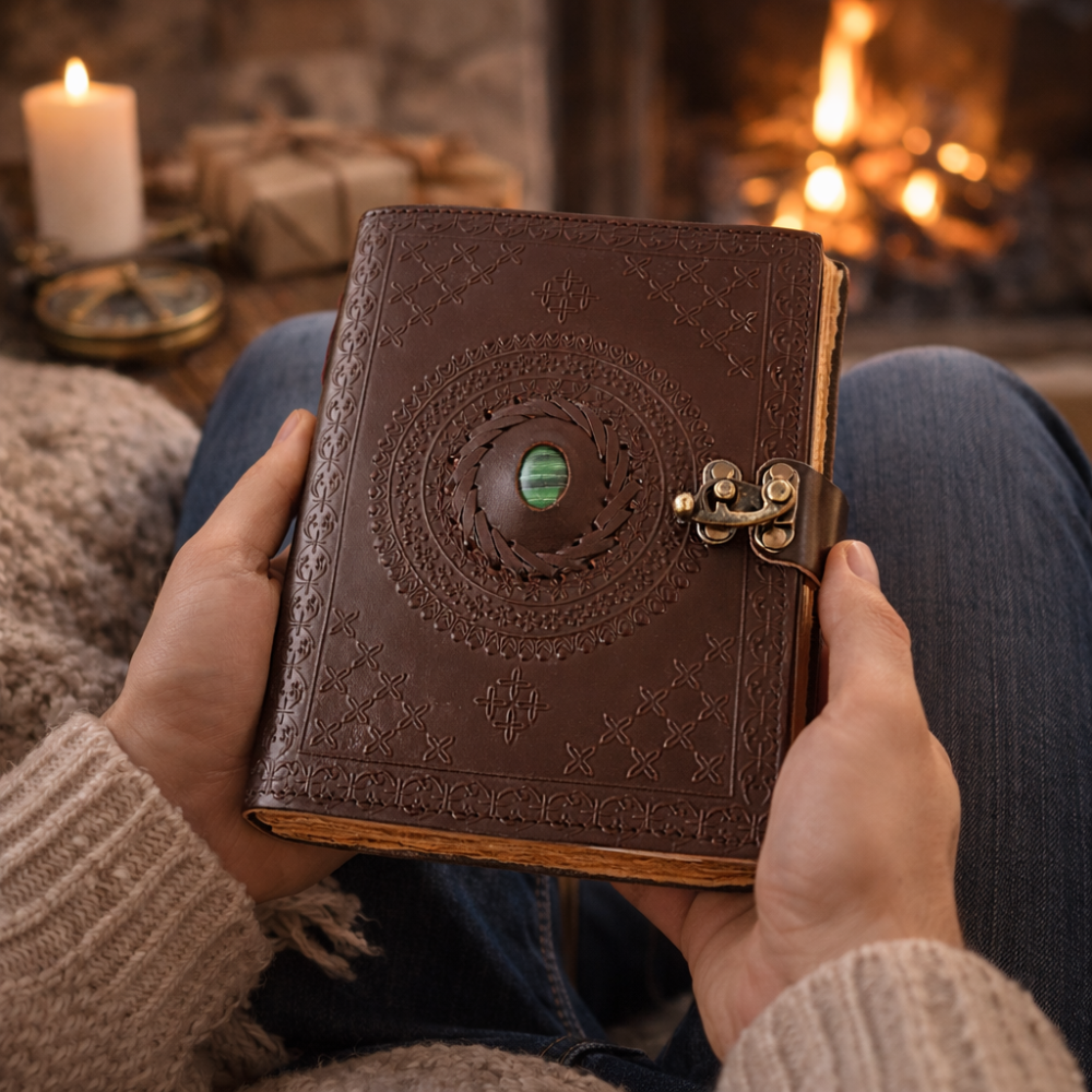 Jurnal vintage din piele naturala cu hartie bumbac si malachit decorativ 20x15 cm [6]