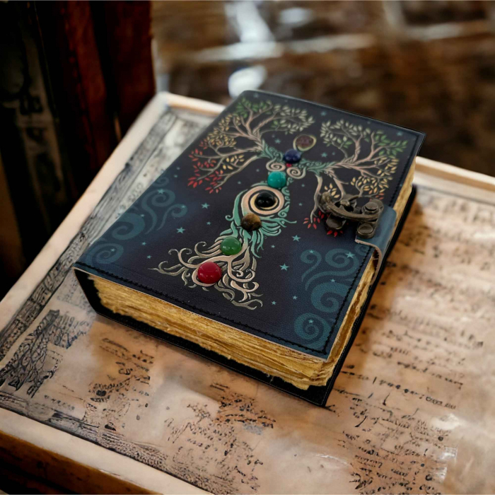Jurnal vintage pentru magie model "Book of Shadow"  cu 7 pietre pentru cele 7 chakre - Jurnal cu inchidere cu lacat, handmade din piele vintage, cadou pentru femei si barbati [5]