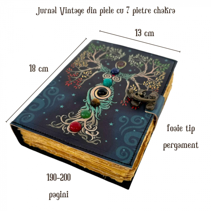 Jurnal vintage pentru magie model "Book of Shadow"  cu 7 pietre pentru cele 7 chakre - Jurnal cu inchidere cu lacat, handmade din piele vintage, cadou pentru femei si barbati [2]