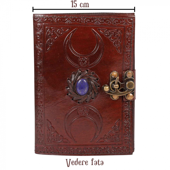 Jurnal din Piele design cu Tripla Luna si piatra semipretioasa Lapis Lazuli - Hartie Vintage tip pergament Ideal pentru Schite si Notite, 20 x 15 cm cm [6]