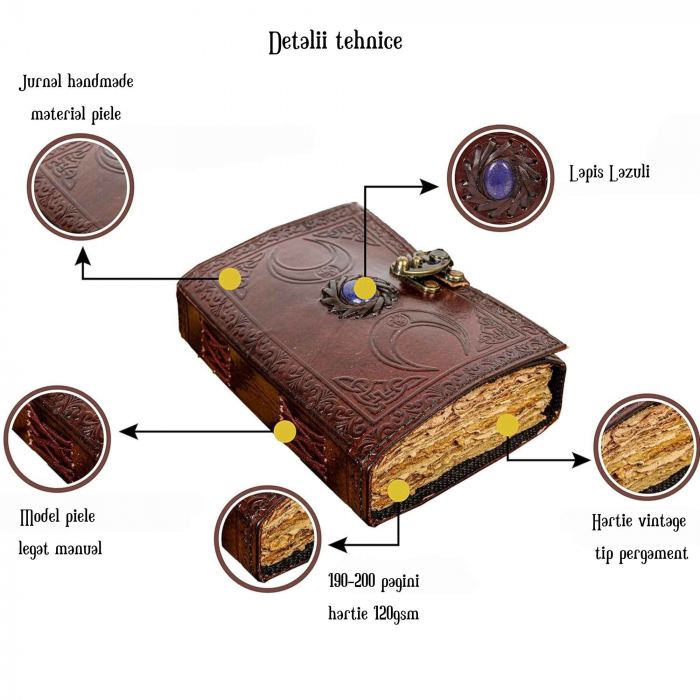Jurnal din Piele design cu Tripla Luna si piatra semipretioasa Lapis Lazuli - Hartie Vintage tip pergament Ideal pentru Schite si Notite, 20 x 15 cm cm [2]