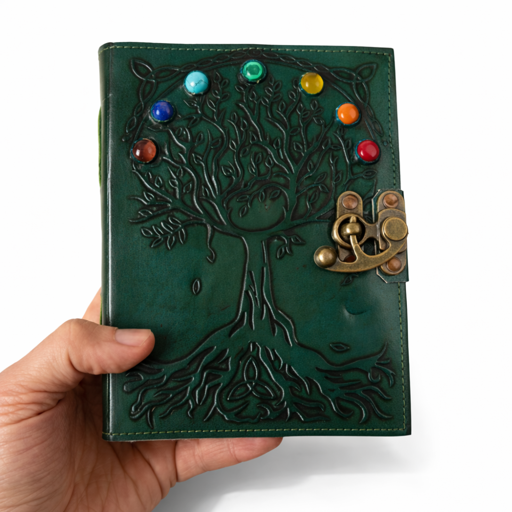 Jurnal Vintage din Piele Naturala cu Arborele Chakrelor si 7 Pietre – hartie de bumbac 18x13 cm [5]