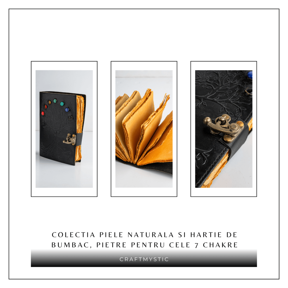 Jurnal Vintage Negru cu Arborele Vietii si 7 Pietre Chakre - Handmade, Piele Naturala [6]