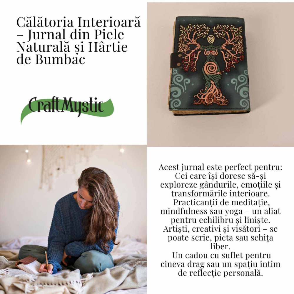 Jurnal vintage pentru magie model "Book of Shadow"  cu 7 pietre pentru cele 7 chakre - Jurnal cu inchidere cu lacat, handmade din piele vintage, cadou pentru femei si barbati [10]