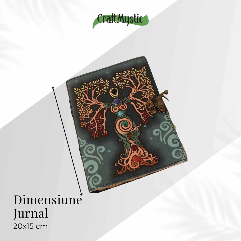 Jurnal vintage pentru magie model "Book of Shadow"  cu 7 pietre pentru cele 7 chakre - Jurnal cu inchidere cu lacat, handmade din piele vintage, cadou pentru femei si barbati [9]