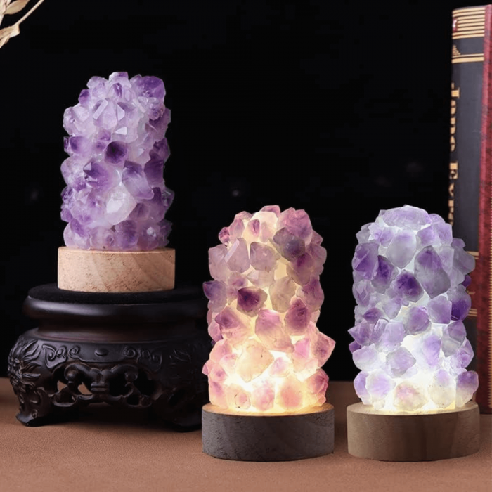 Mini Lampa Decorativa 11 cm cu Cristale de Ametist si Baza LED USB Ideala pentru Masa de Noptiera [6]