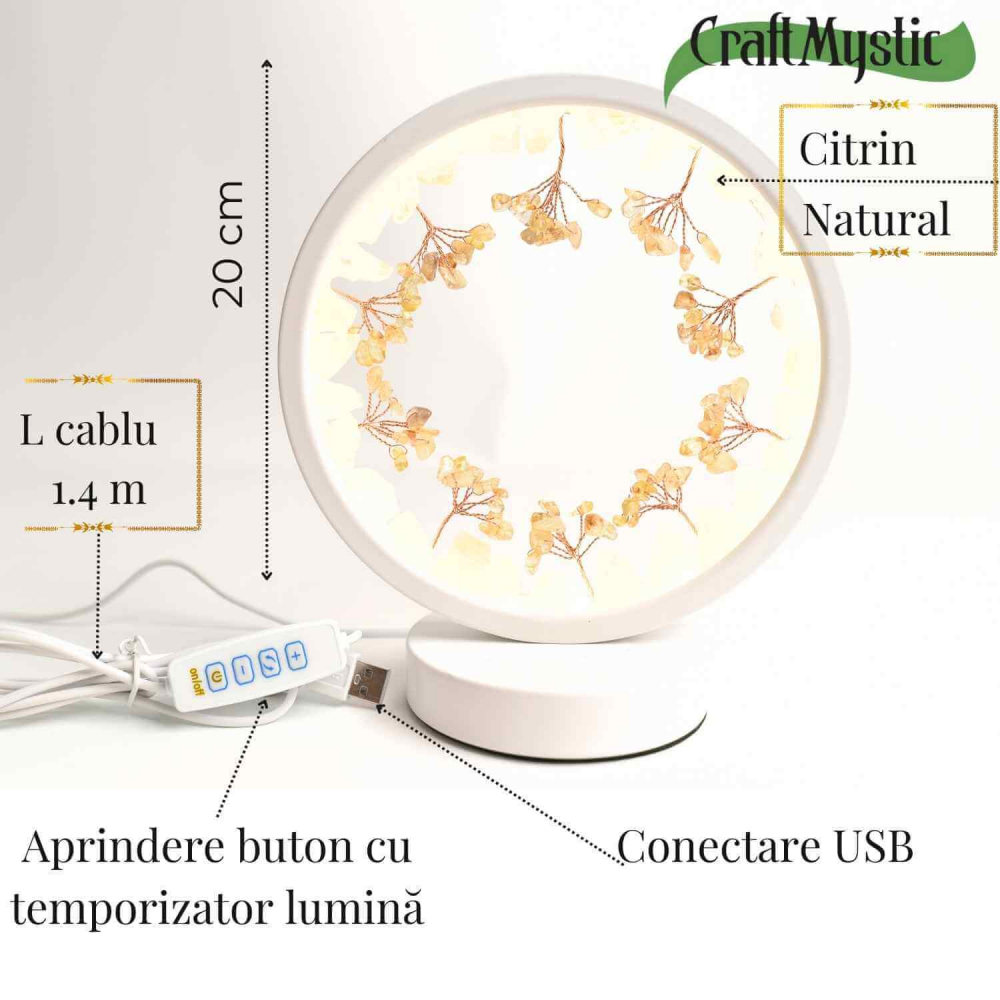 Lampa de Noapte Rotunda cu Cristale Citrin Brut si Rulat – Energie Pozitiva si Calm pentru Casa Ta [3]