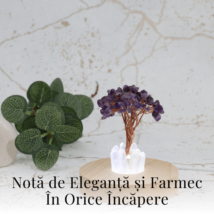 Mini Lampa de Noapte cu Arbore din Ametist Natural - Decoratiune de Birou cu Cristal Alb, Ideala pentru Dormitor si Decor Acasa [6]