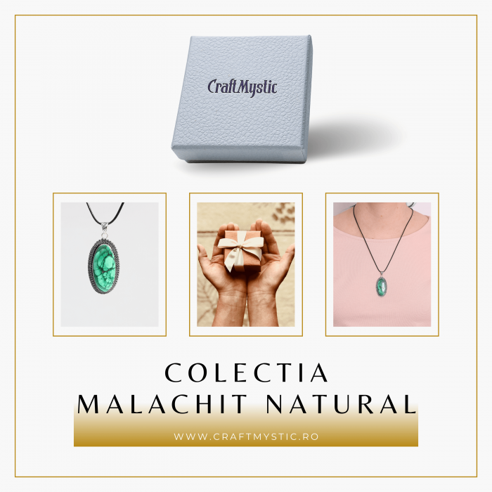 Colier Reglabil cu Pandantiv Argintiu 40mm in Forma Ovala din Malachit Natural [7]