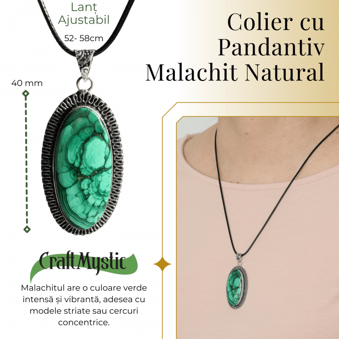 Colier Reglabil cu Pandantiv Argintiu 40mm in Forma Ovala din Malachit Natural [2]