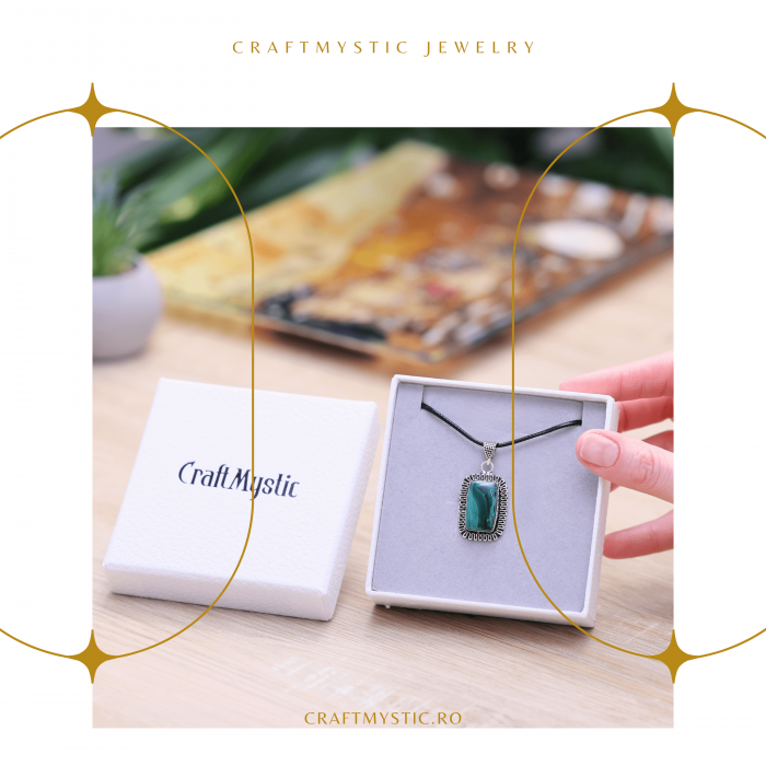 Colier Reglabil cu Pandantiv Argintiu 40mm in Forma Dreptunghiulara din Malachit Natural [7]